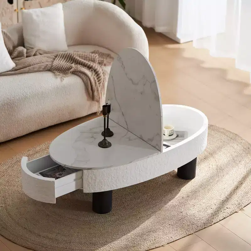 GDFStudio Juno Mid-Century Modern 47.20W Wooden Oval Coffee Table with Hidden Drawer and Storage Space