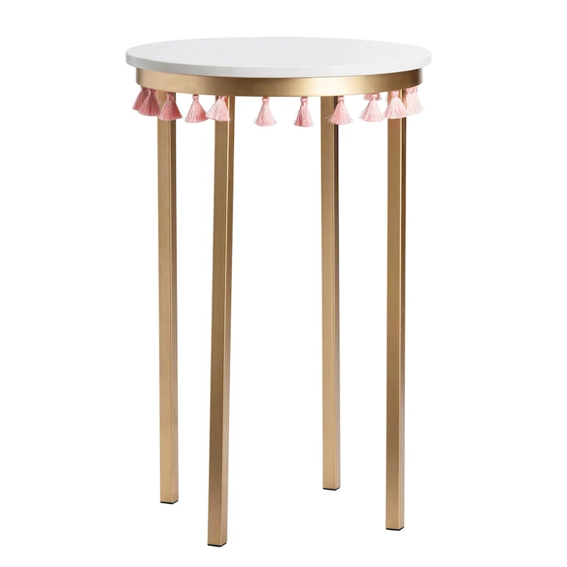 Marble Top Accent Table with Pink Tassels, 16 x 16 x 24 Inches