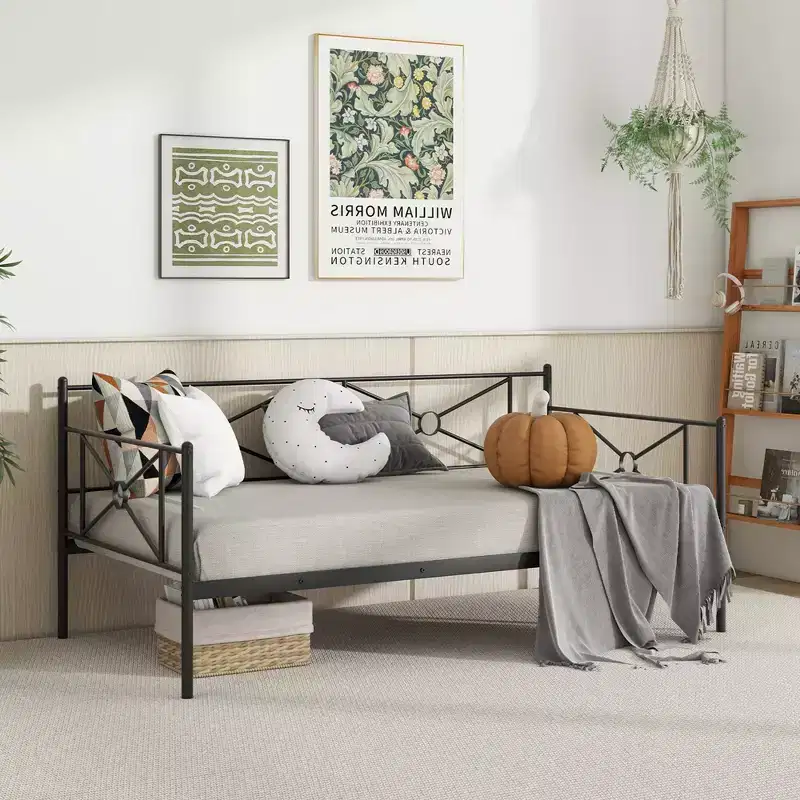 Twin Metal Daybed Frame with Slats, Classic Mattress Foundation Bed Sofa - White/Black