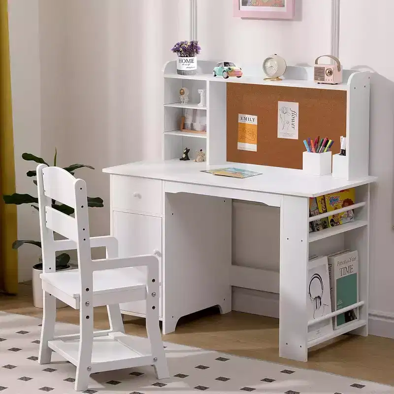 Study Desk and Chair - Kids Study Desk, Features Bookshelf, Bulletin Board, and Cabinets, for Boys and Girls Ages 3-8, White