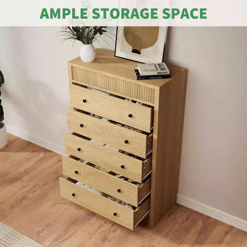 31.5 Fluted 5-Drawer Dresser with Anti-Tip Safety - Natural Oak Storage for Bedroom Living Room