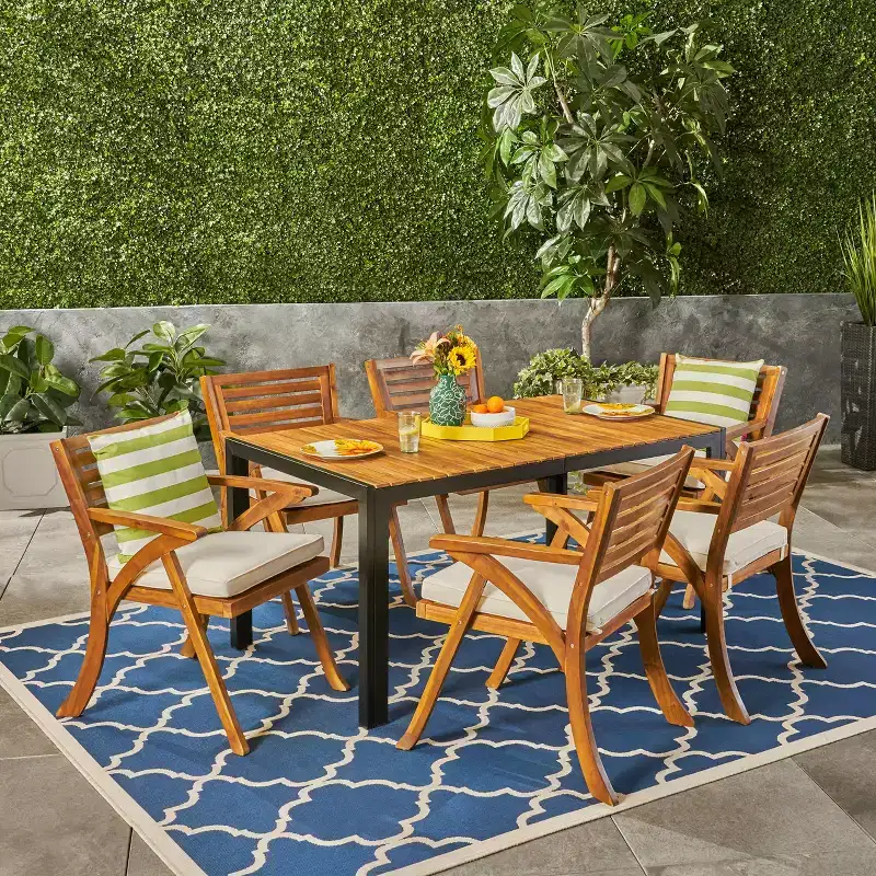 Christopher Knight Home Bellmill Outdoor Iron and Acacia Wood 7 Piece Dining Set with Cushion, Teak/Black