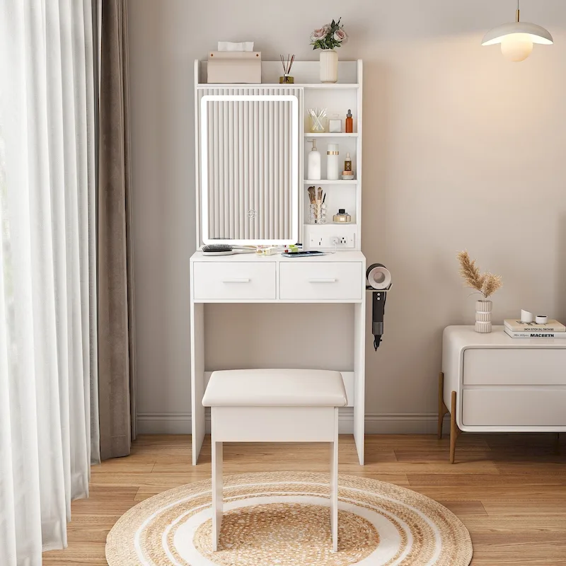 Small Makeup Vanity Desk with Mirror & LED Lights,Built-in Power Outlet & Hidden Storage,Includes Padded stool & Shelf
