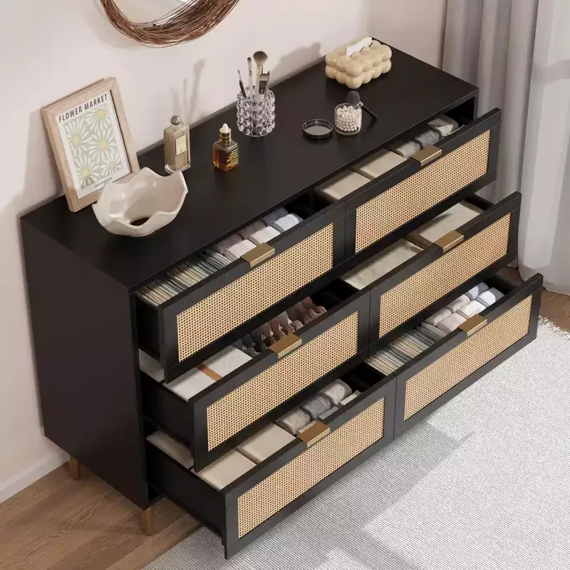 Acekool Rattan 6 Drawer Dresser, Modern Chest with Gold Legs & Handles, Wide Double Dresser, Anti-Tip, for Bedroom & Living Room