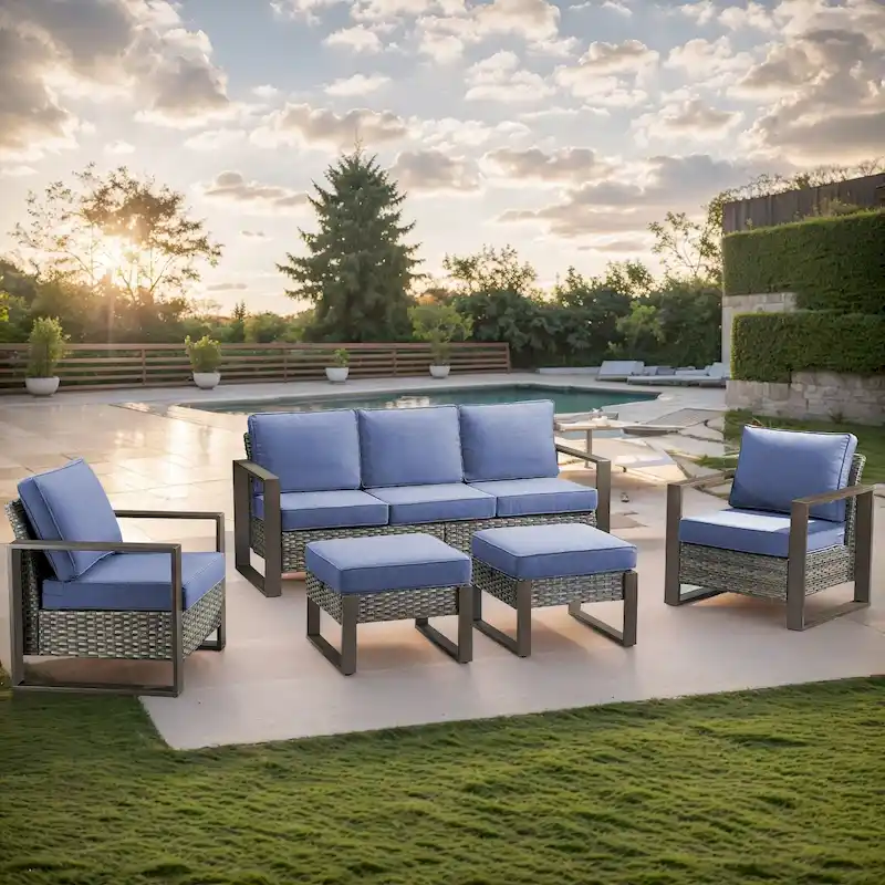 Gymojoy Patio High Back Sofa with Club Chair and Ottomans - Grey