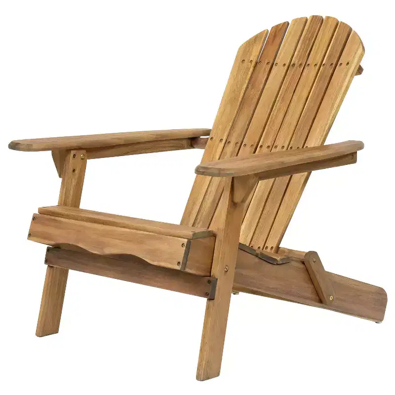 Zeus & Ruta Folding Adirondack Chair, Outdoor Wooden Lounge Chair with Slatted Back & Wide Armrests, Teak Finish