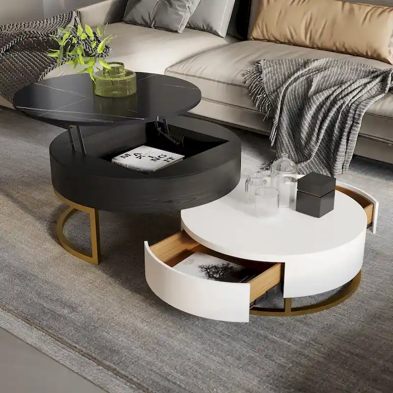 Lift-Top Round Coffee Table Set of 2 with Storage, 2 Pinewood Drawers, Swivel Tabletop, Nesting Design