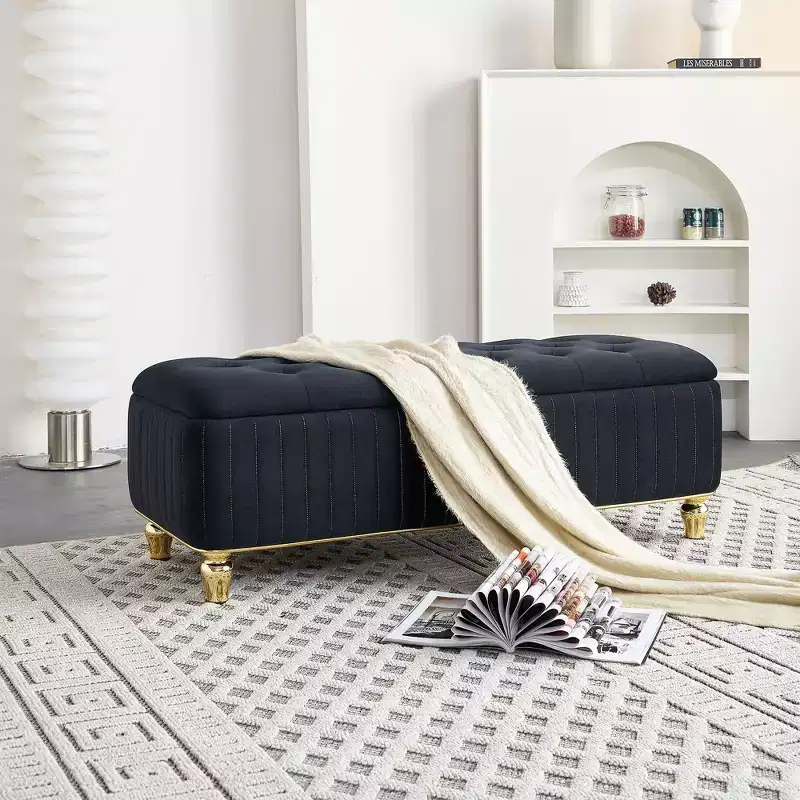 TUYOHW Storage Ottoman, Upholstered Velvet Fabric Storage Ottoman with Safety Hinge, Ottoman Bench for Living Room and Bedroom