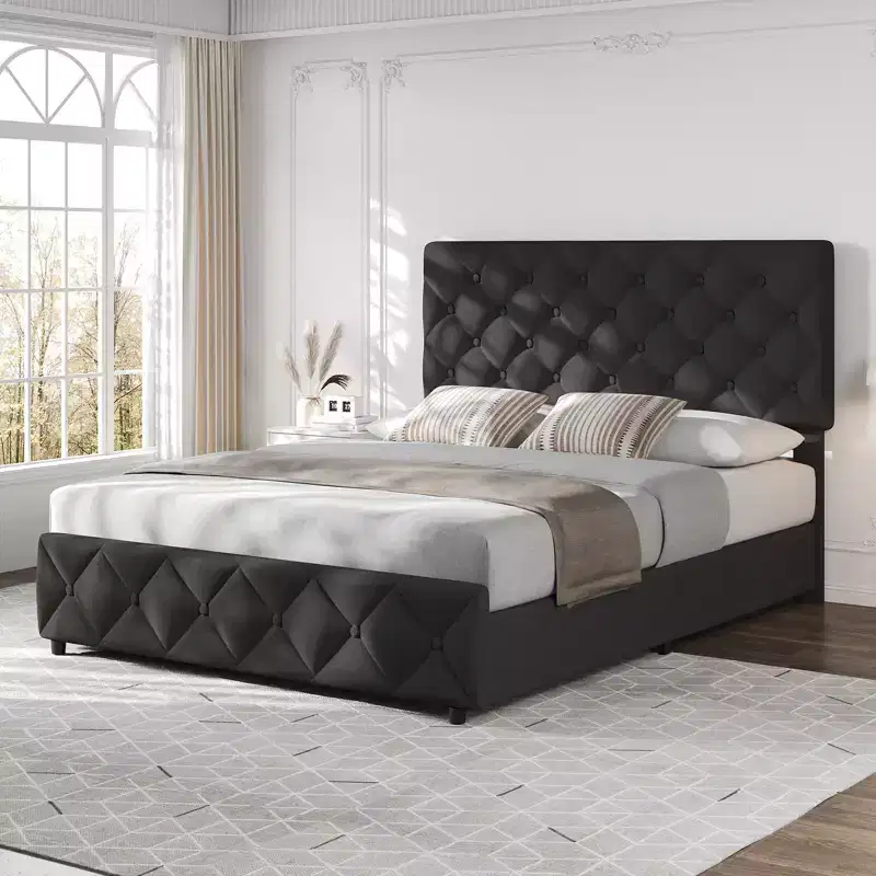 Modern Upholstered Bed Frame with Footboard, Adjustable Headboard, 4 Drawers Wooden and Slats Support
