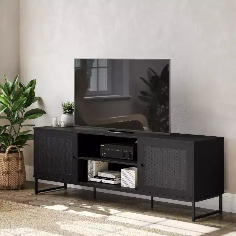 Flash Furniture Malaki Mid-Century Modern 65 Inch TV Stand with 2 Rattan Soft Close Doors and Fixed Center Shelf, TV Stand for up to 70 TV's