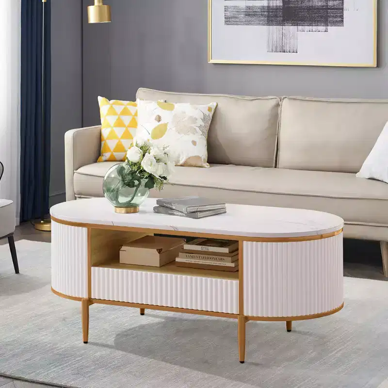 Modern Luxury Fluted Coffee Table, 48 Coffee Table with Storage Drawer, Oval Coffee Table with Golden Legs, Faux Marble Top