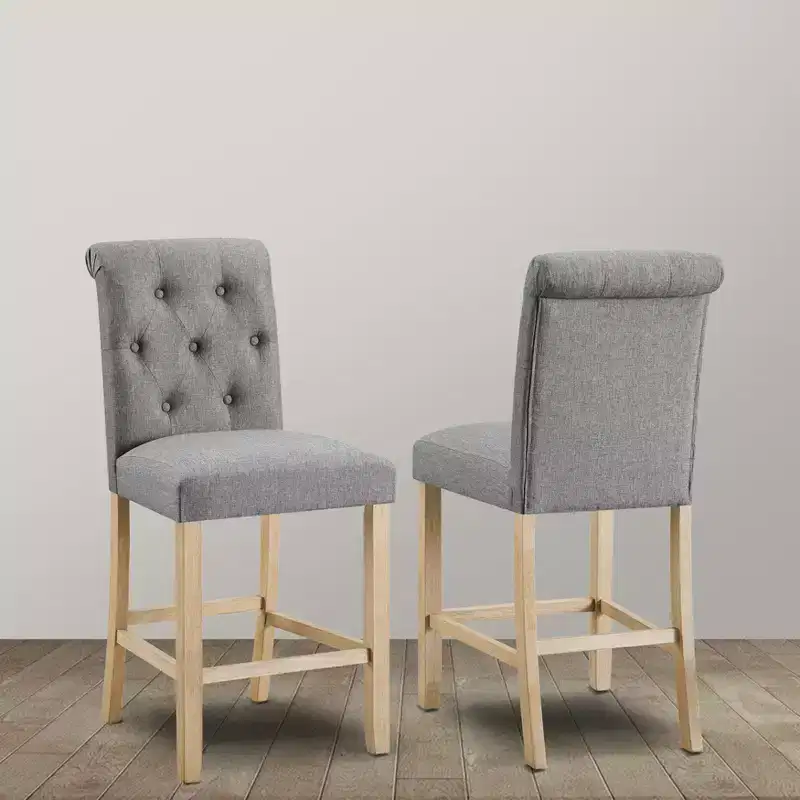Roundhill Furniture Siena Counter Height Button Tufted Back Solid Wood Stools, Gray, Set of 2