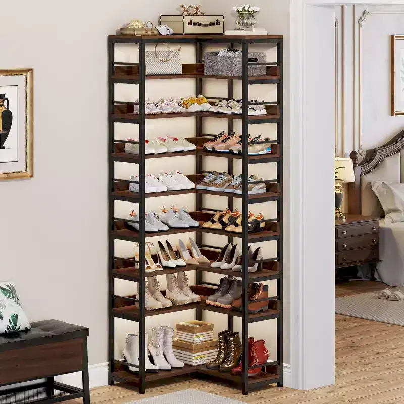 Lantine 9-Tier Corner Shoe Rack, Tall Vertical Free Standing Organizer for Entryway, Hallway, Closet, Rustic Brown, Space Saving
