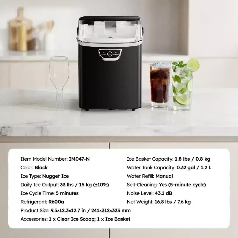 Simzlife 33 Lbs. Nugget Ice Maker Countertop , 5mins Fast Ice Making, Quiet Operation & Self-Cleaning, Black