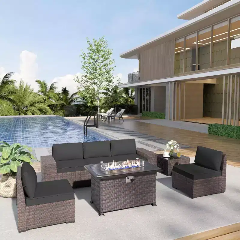 ALAULM 7 Pieces Patio Furniture Set, Rattan Wicker Outdoor Conversation Sets, Furniture Sofa Set w/43in Propane Fire Pit Table