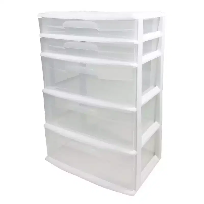 Extra-Wide Plastic Storage and Organizer Tower with 5 Clear Drawers for Home, Office, Classroom, Craft, Art Supplies, Clothes, White Frame