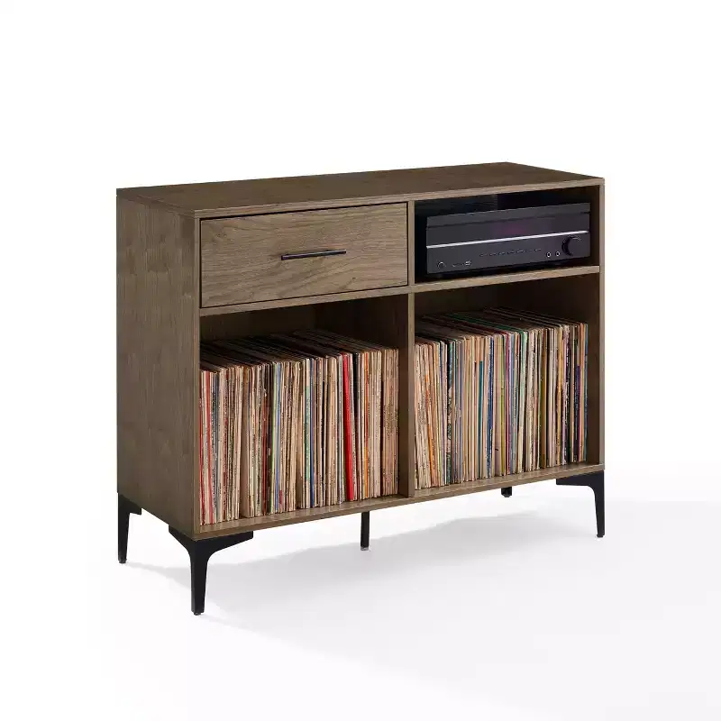 40 Inch Record Storage Media Console Walnut with Open Shelves