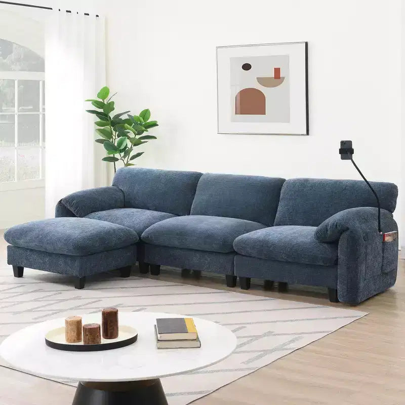 EHMKNP 108 L-Shaped Modular Sectional Sofa with Extra Wide 31.5 Seats, Movable Ottoman, Striped Chenille Fabric