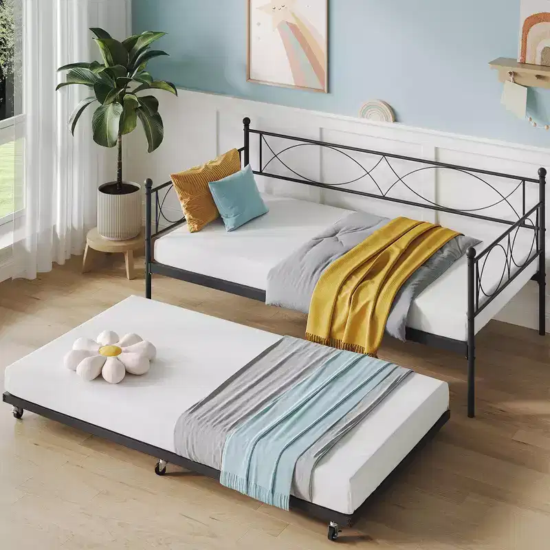 Twin daybed with Trundle, Metal Twin Daybed and Trundle Set, Day Bed Sofa Bed Frame with Steel Slat Support, Multifunctional Daybed Frame for Bedroom