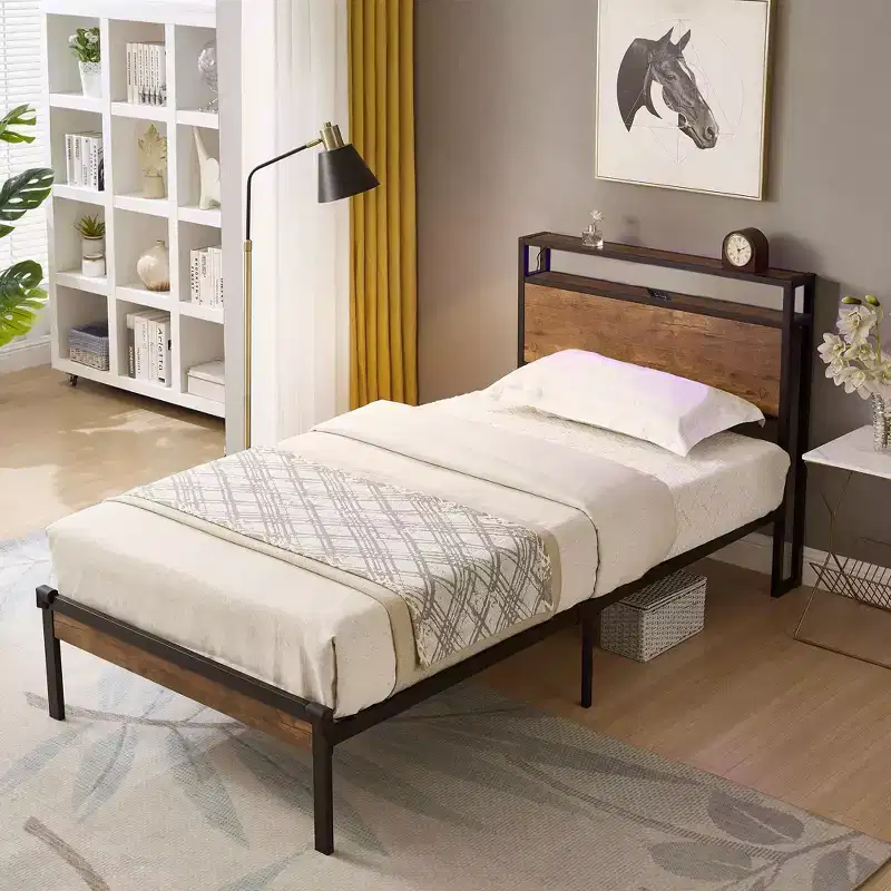 Okak Twin Size Metal Platform Bed Frame with Wooden Headboard and Footboard,Modern Bed Frame with USB Liner for Bedroom,Black+Brown