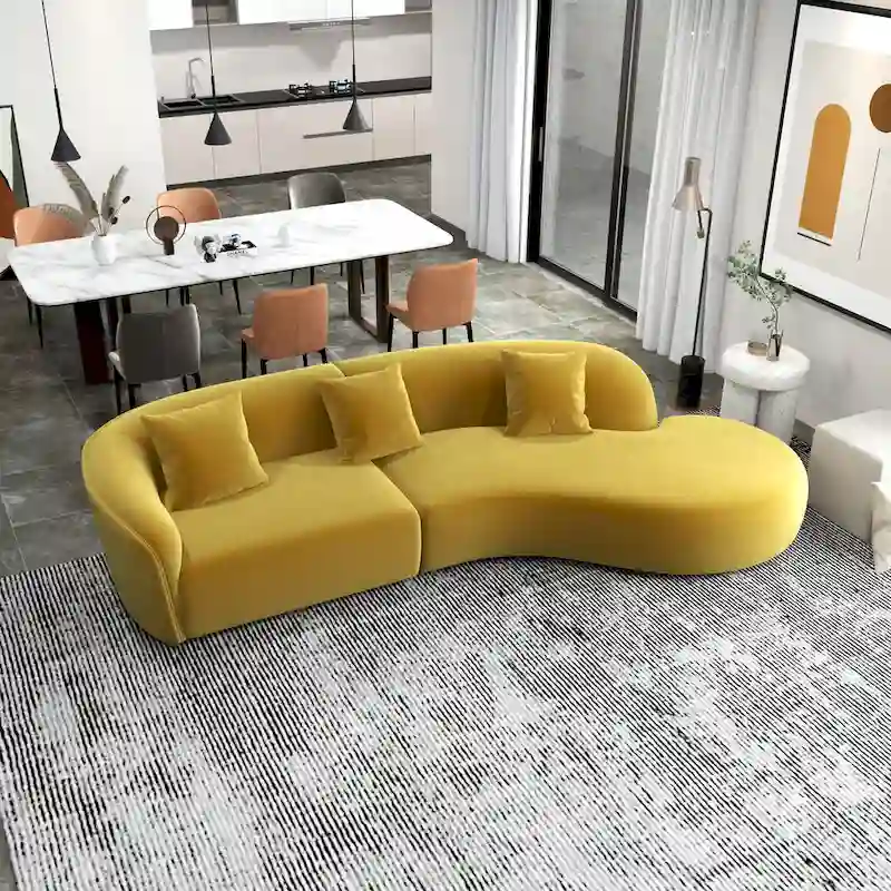 Gold / Dark Green Velvet Curved Tufted Sofa – 2-Seat