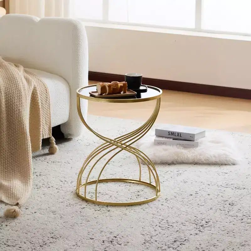 Modern Side Table Round End Table Coffee Table Bedside Table Nightstand with Golden Metal Frame and Black MIirror Top-ModernLuxe