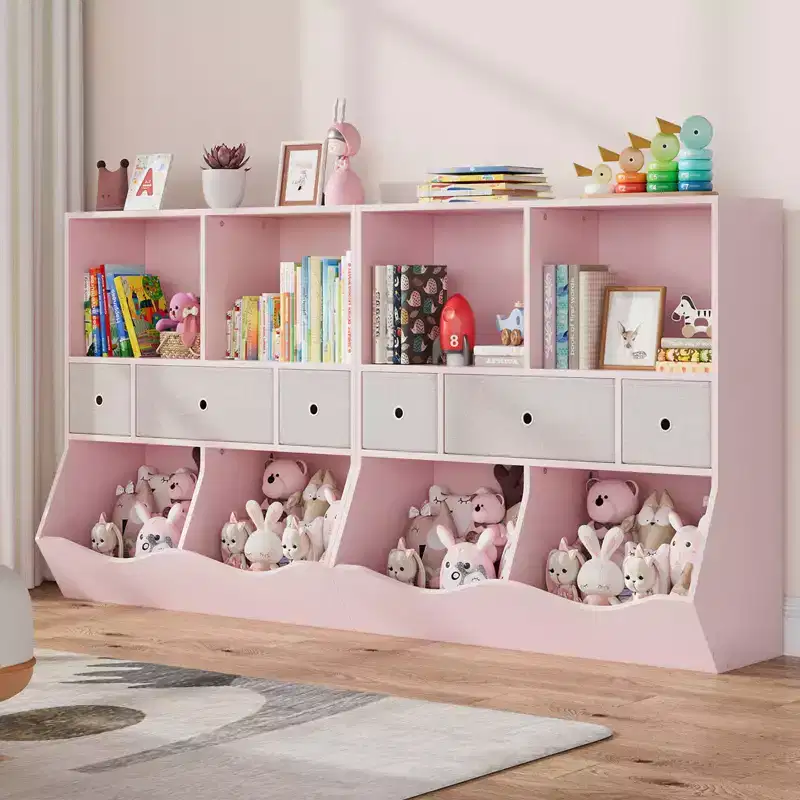 Kids Bookcase with Toy Storage - 4-Cubby Wooden Bookshelf with 3 Drawers & Slanted Toy Bins for Nursery, Playroom (Pink)