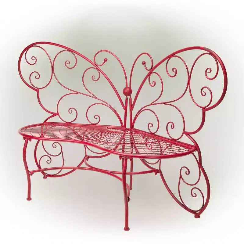 Butterfly Metal Bench Red - Alpine Corporation: Durable Garden Seating, Weather-Resistant Iron Construction