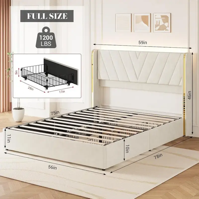 Upholstered Velvet Platform Bed Frame With Wingback Headboard and 4 Storage Drawers