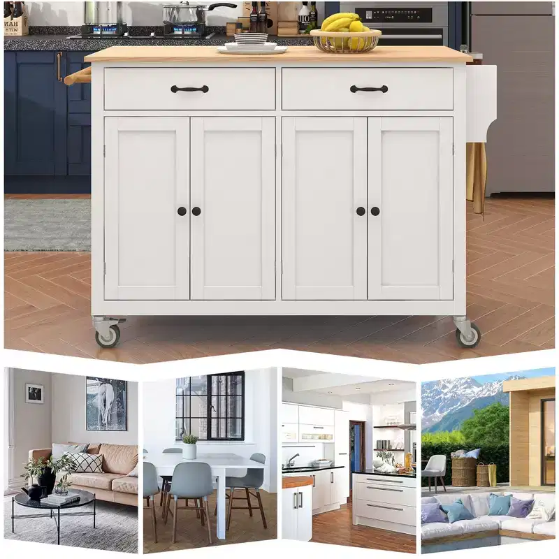 Whisen Modern Wood Kitchen Island with Spice Rack and Drawers
