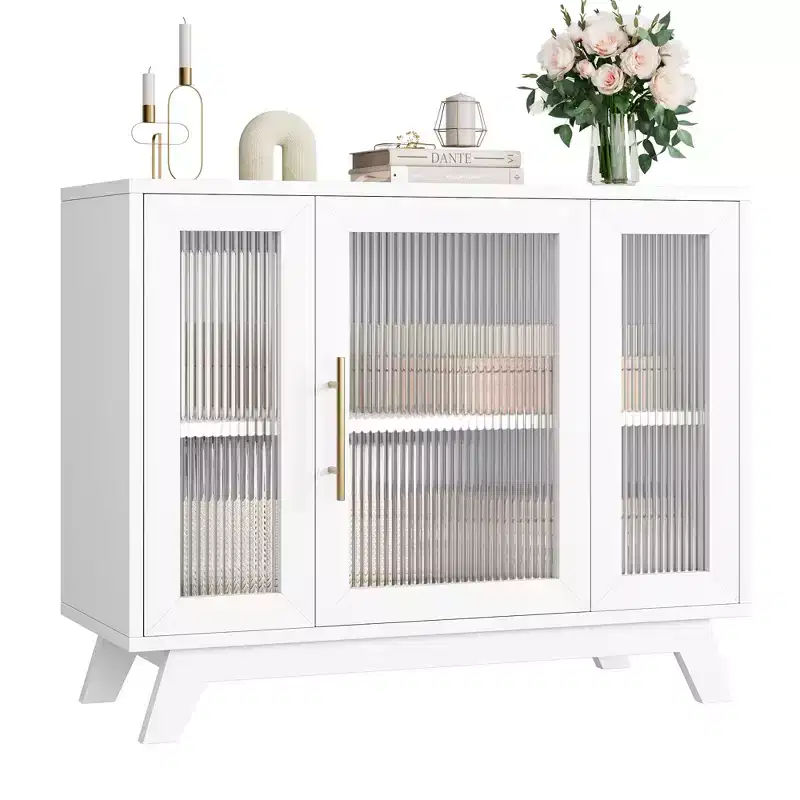 GustoWave Sideboard Buffet Cabinet with Fluted Glass Door, 36 Modern Accent Storage Cabinet with 2-Tier Storage
