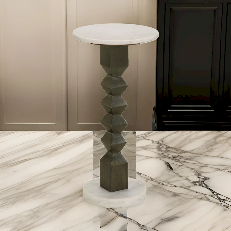Drink Side Table, 11 Inch Round Marble, Spindle Pedestal Base, White, Gray
