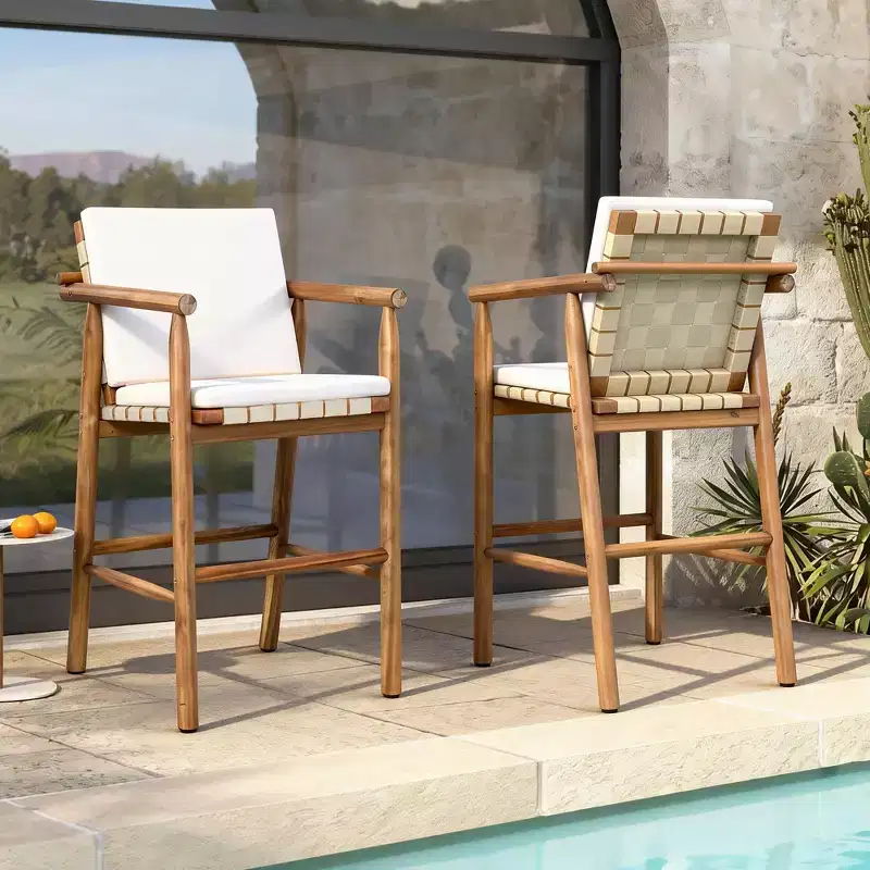 Set of 2 Acacia Wood Counter Height Bar Stools with Removable Cushions, Webbing Seat, Adjustable Feet for Outdoor Use