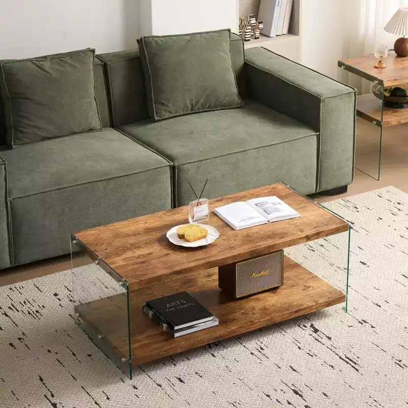 Walnut MDF Coffee Table with Tempered Glass Top, Modern Center Table for Living Room