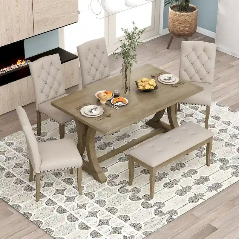 6-Piece Farmhouse Dining Table Set, Rectangular Trestle Table and 4 Upholstered Chairs & Bench