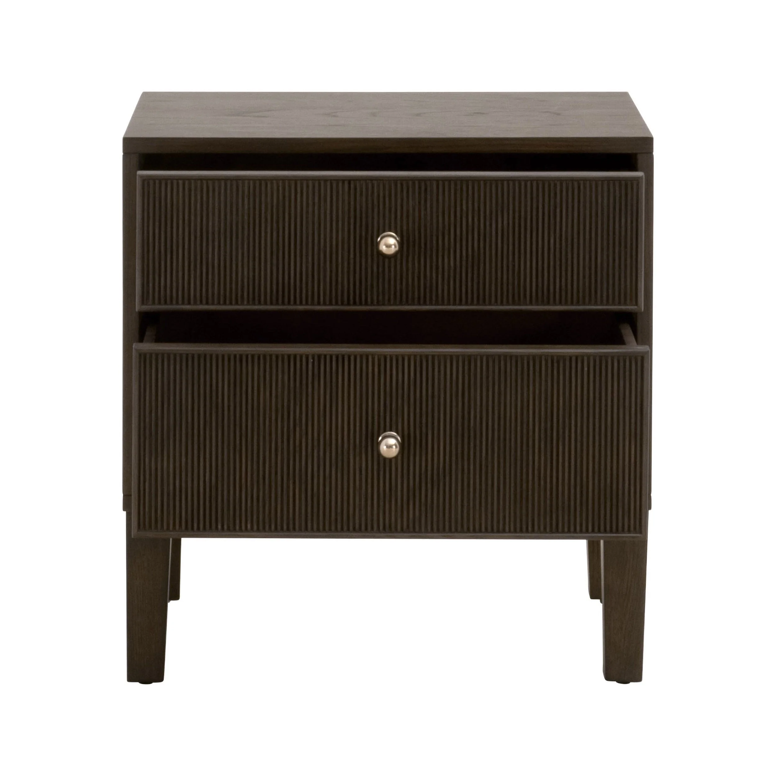 Transitional Solid Oak 2-Drawer Nightstand with Fluted Fronts & Polished Brass Knobs for Bedroom