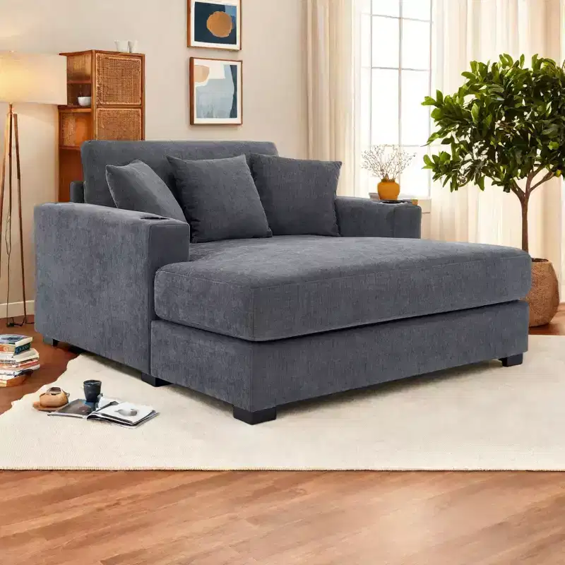 Modern Chenille Chaise Lounger with Charge Station, Cup Holders & Washable Cushions