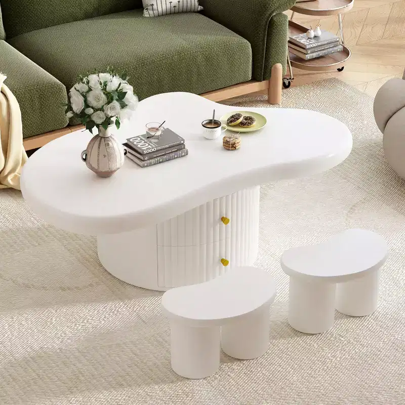 Modern Cloud Coffee Tables, Irregular Shape Center Table with 2 Drawers & 2 Small Stools, Coordinated Living Room Duo