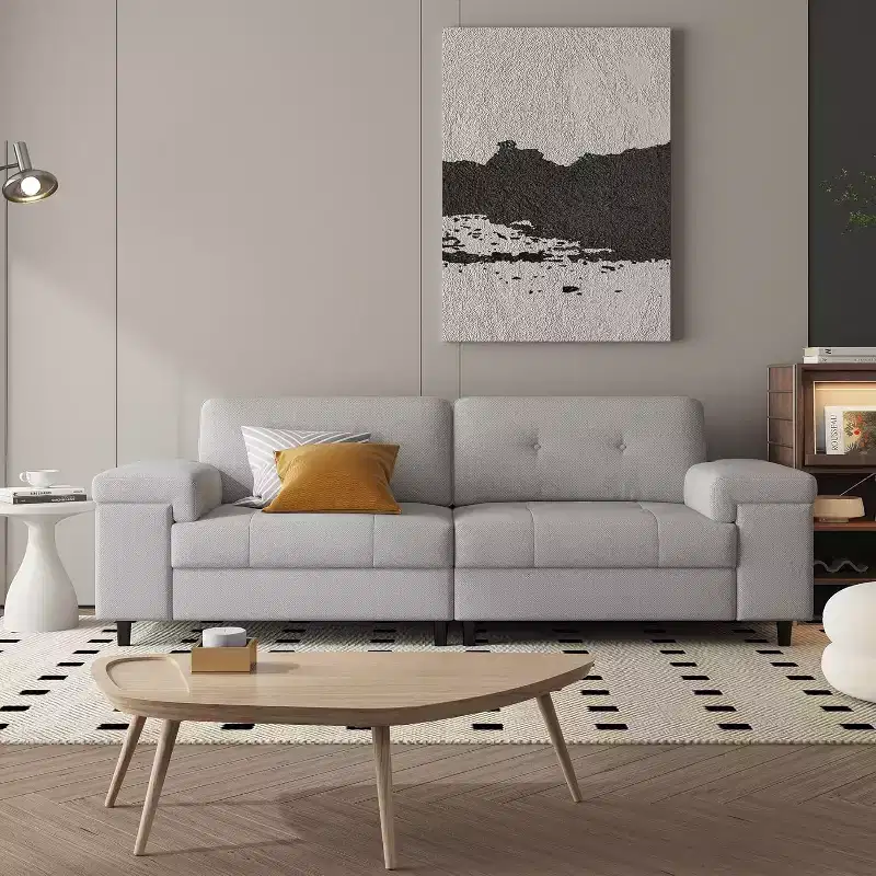Beige / Gray Modern 3-Seater Sofa with Adjustable Armrests, Chenille Fabric