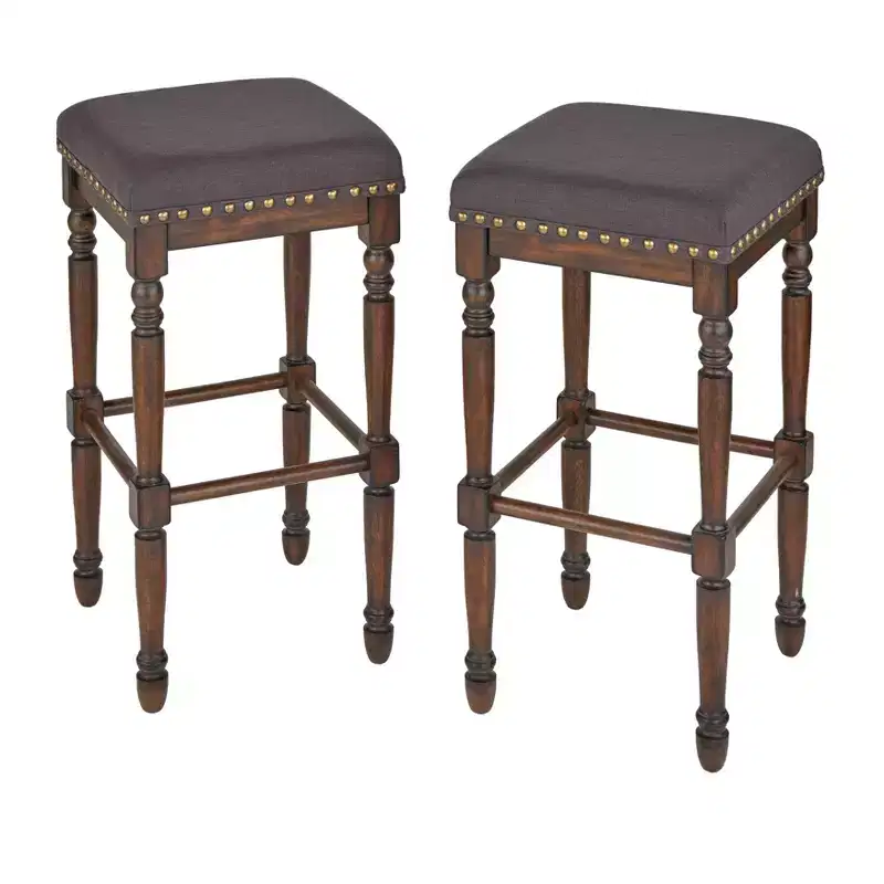 Lifestorey Set of 2 Grafton 30" Bar Height Barstool Charcoal Gray: Rustic-Brown Finish, Nailhead Trim