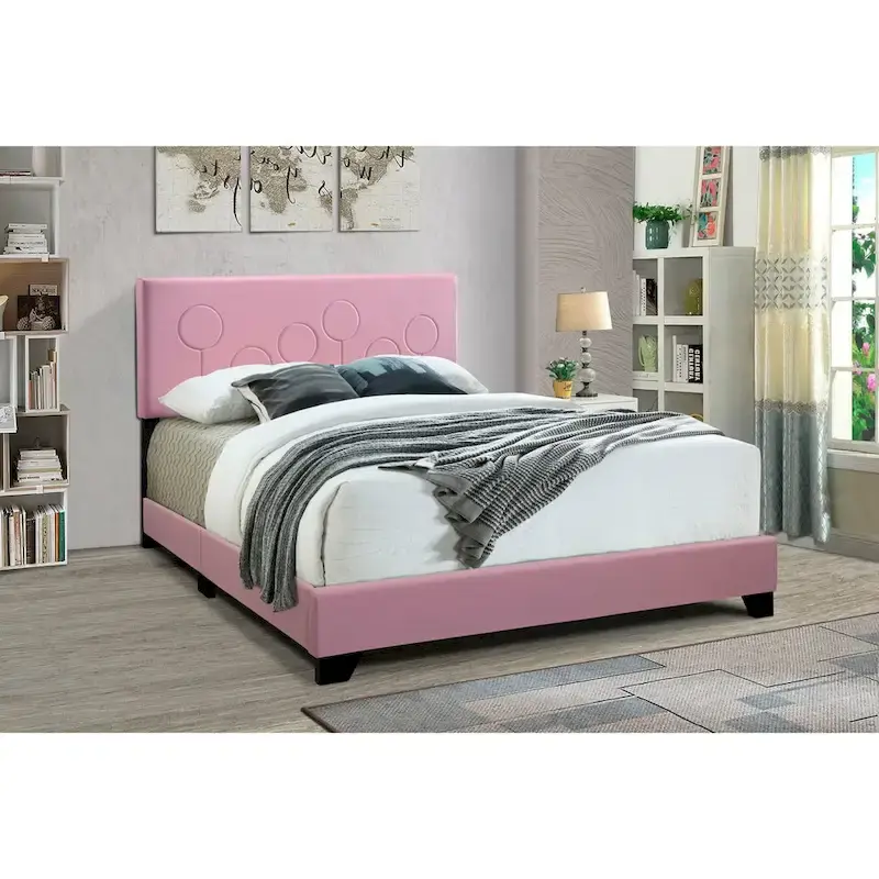 Queen Upholstered Bed – Bubblegum Pink, Faux Leather, Modern Style, Sleeps 1