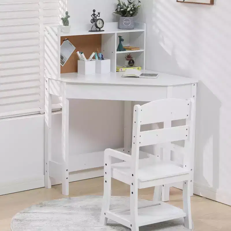 GustoWave Kids Desk and Chair Set, Wooden Corner Study Table with Bookshelf, Bulletin Board, and Pen Holder, Writing Table, White