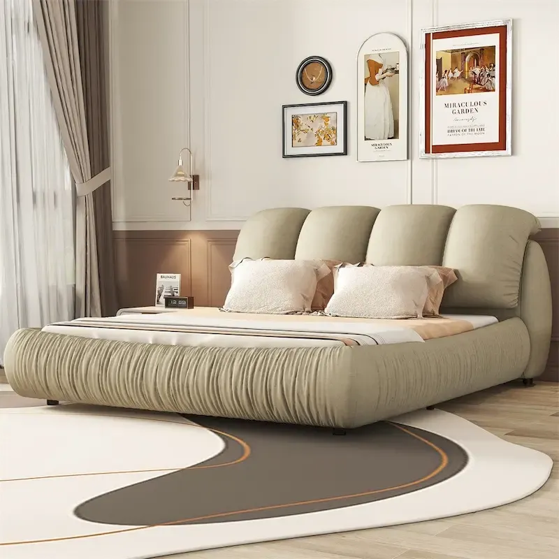 Upholstered King Bed with Pleated Padded Headboard – Velvet & Leather, Sleeps 2