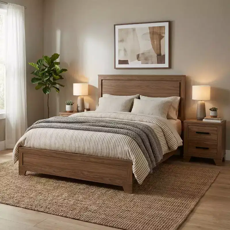 GDFStudio Carter Transitional 3-Piece Wood Bed Frame with Recessed Headboard and 2 Nightstands