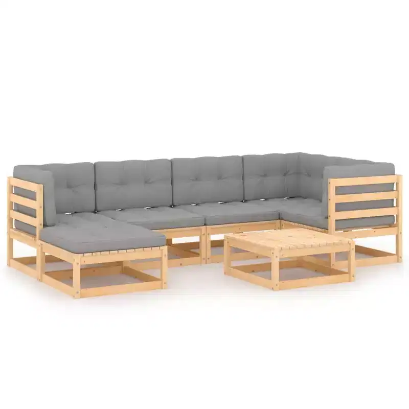 vidaXL Patio Furniture Set 7 Piece Outdoor Sectional Sofa Solid Wood Pine - Natural With Cushion