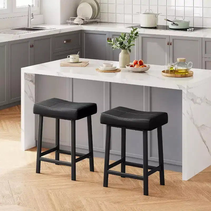 Set of 2 24 Counter Height Bar Stools, Upholstered PU Leather Curved Saddle Seats with Metal Frame and Footrest