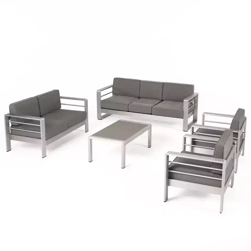 GDFStudio Crested Bay Outdoor Aluminum 7 Seater Chat Set with Cushions, Silver/Khaki