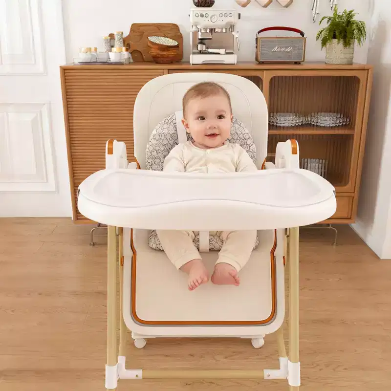 JVNOXK Convertible Baby High Chair/Rocker, Foldable with 5-Point Harness, Featuring Silent Locking Wheels and Removable Double-Layer Tray, White