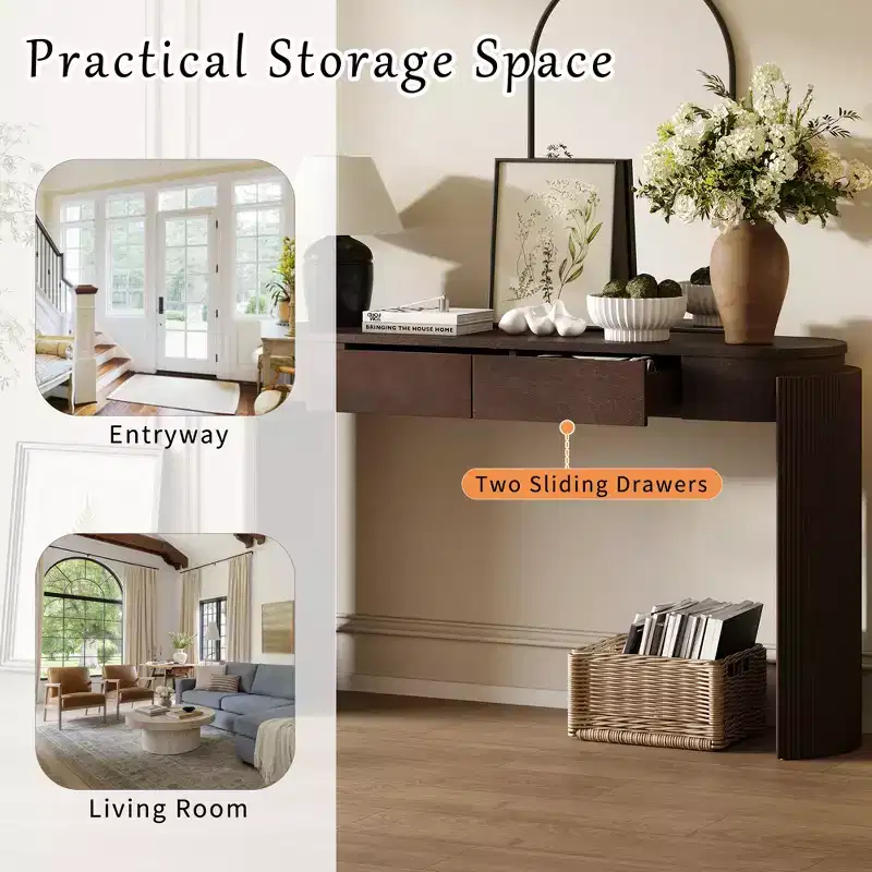Grooved Design Natural Wood Grain Finish Entryway Table with Oval Top and 2 Drawers, Suitable for Living Room, Espresso Brown