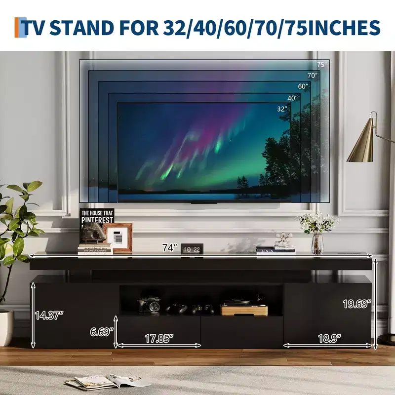 High Gloss TV Stand for 75/80/85 Inch TV, Modern Entertainment Center with Lights & Glass Shelves, Media Console for Living Room & Bedroom